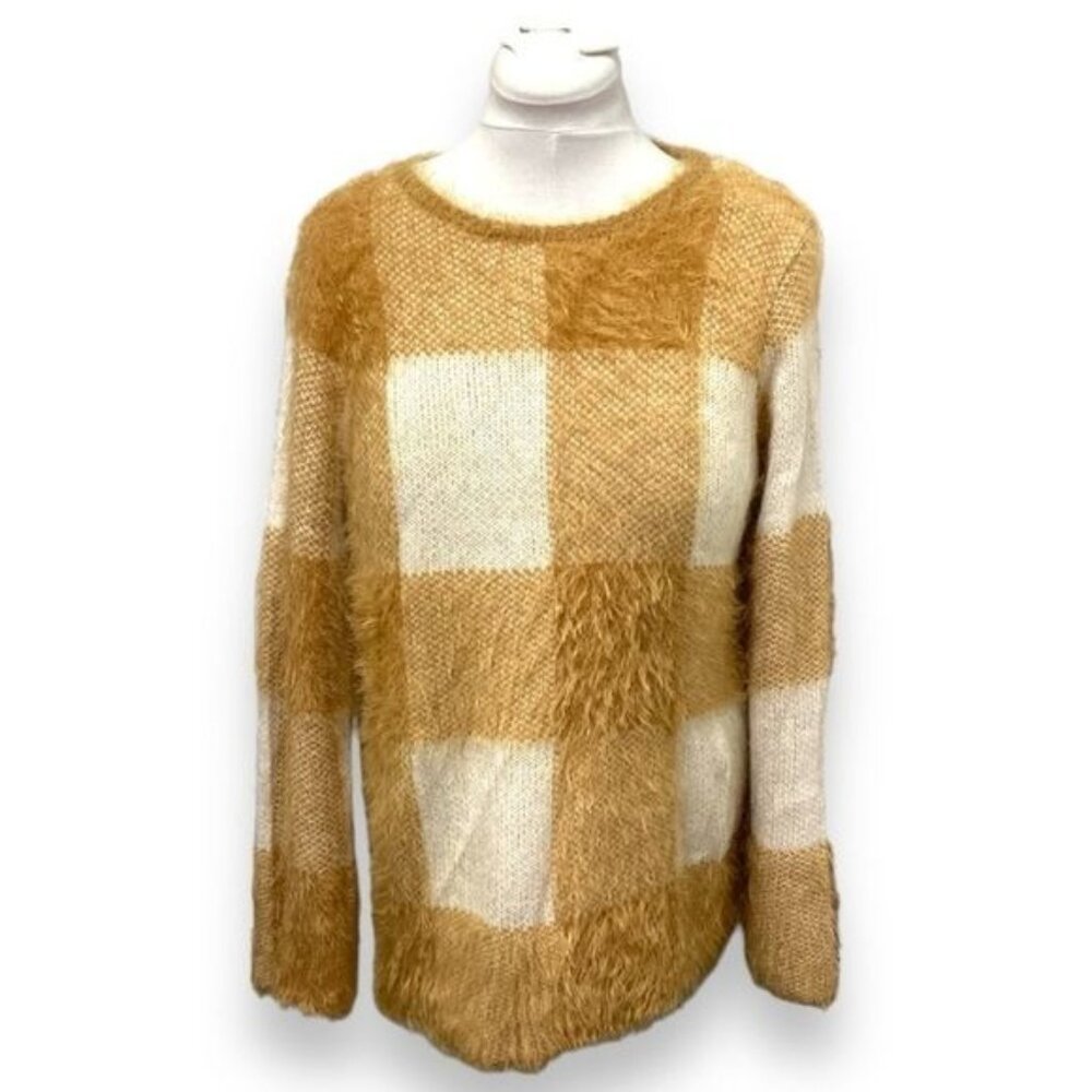 Fever Women’s Color-Block Eyelash Tunic Sweater VTG 2000s Y2K Gold Plaid XL